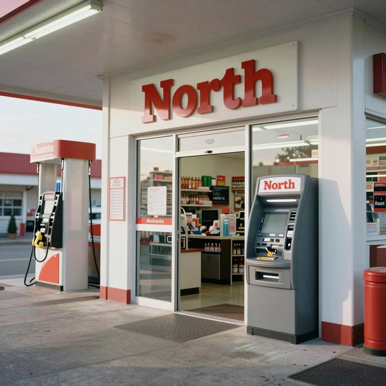 A clean, well-lit North American gas station convenience store interior with a branded ATM visible near the entrance.
