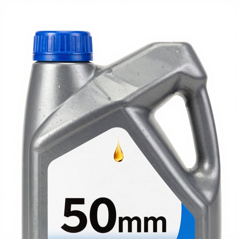 Clean studio product photography of a premium synthetic motor oil bottle with a golden droplet, cool white highlights, sharp focus, 50mm.