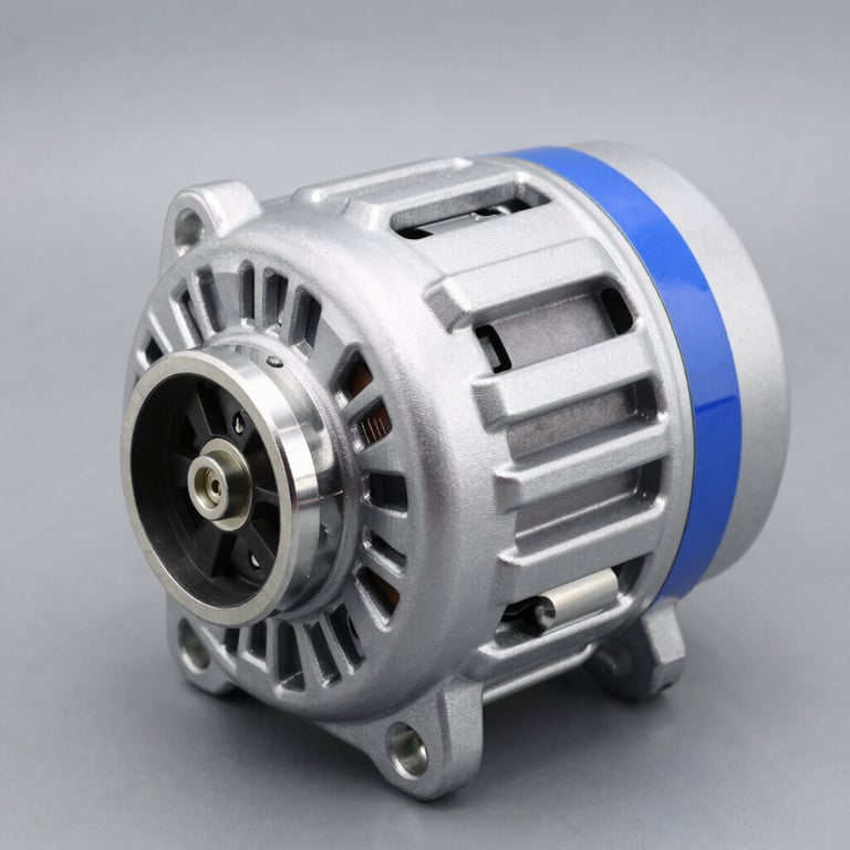 Clean studio product photography of a pristine steel car alternator, bright cool white lighting, graphite background, sharp focus, macro details.