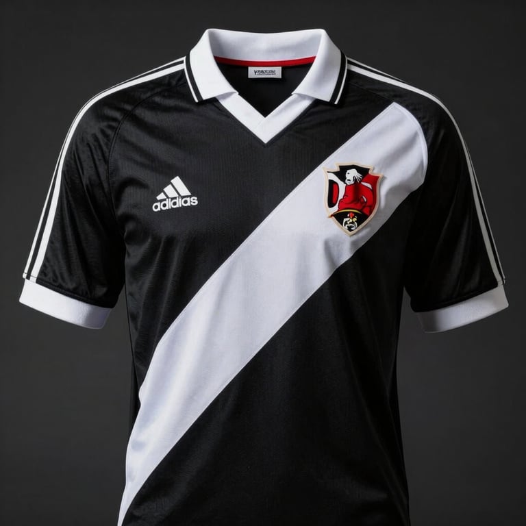 Front view of a retro 1998 Vasco da Gama soccer jersey, black with white sash, classic collar, crisp details, dark background