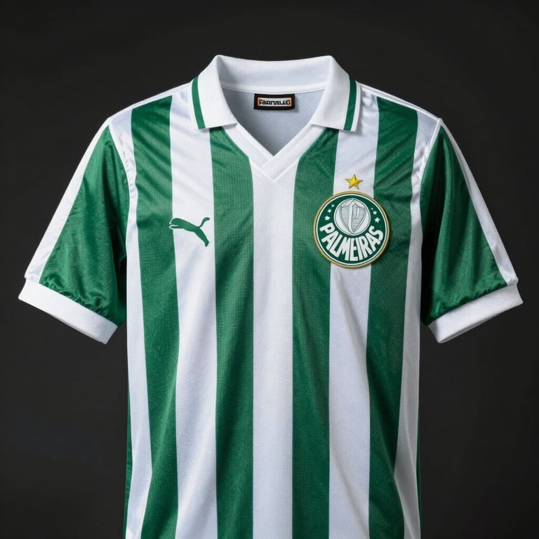 Front view of a retro 1993 Palmeiras soccer jersey, green with white stripes, classic Parmalat era, crisp details, dark background