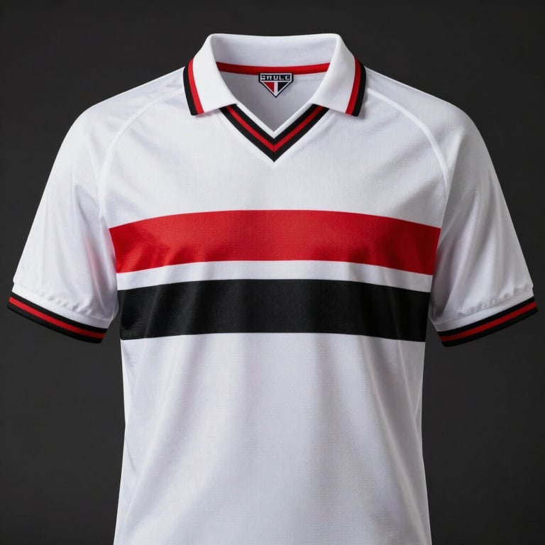 Front view of a retro 1992 São Paulo soccer jersey, white with red and black horizontal stripes, classic collar, crisp details, dark background