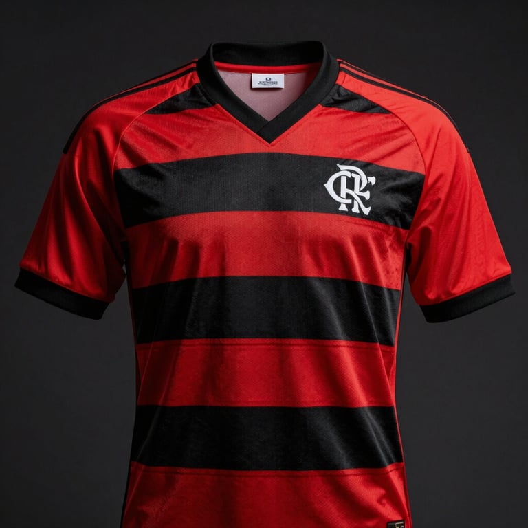 Front view of a retro 1980 Flamengo soccer jersey, red and black stripes, classic collar, crisp details, dark background