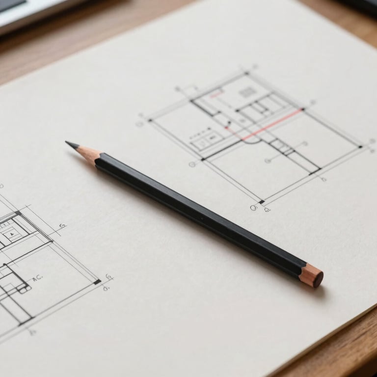 An overhead view of a clean architect's drafting table with a single charcoal pencil and an off-white floor plan.
