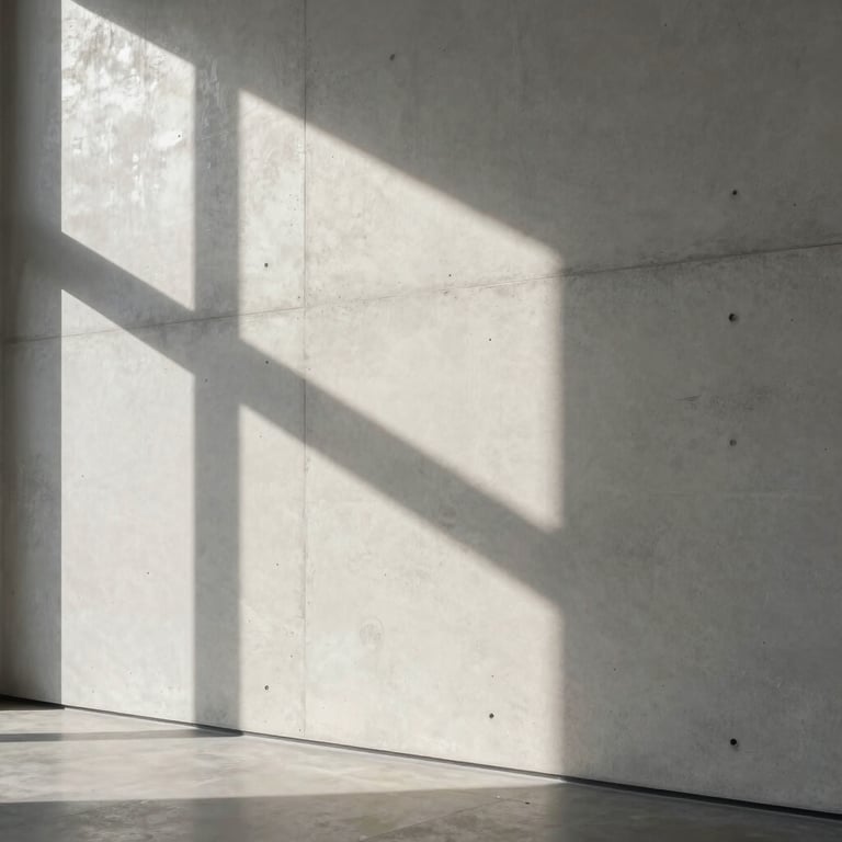 A study of light and shadow on a smooth, off-white concrete wall in a contemporary international gallery.