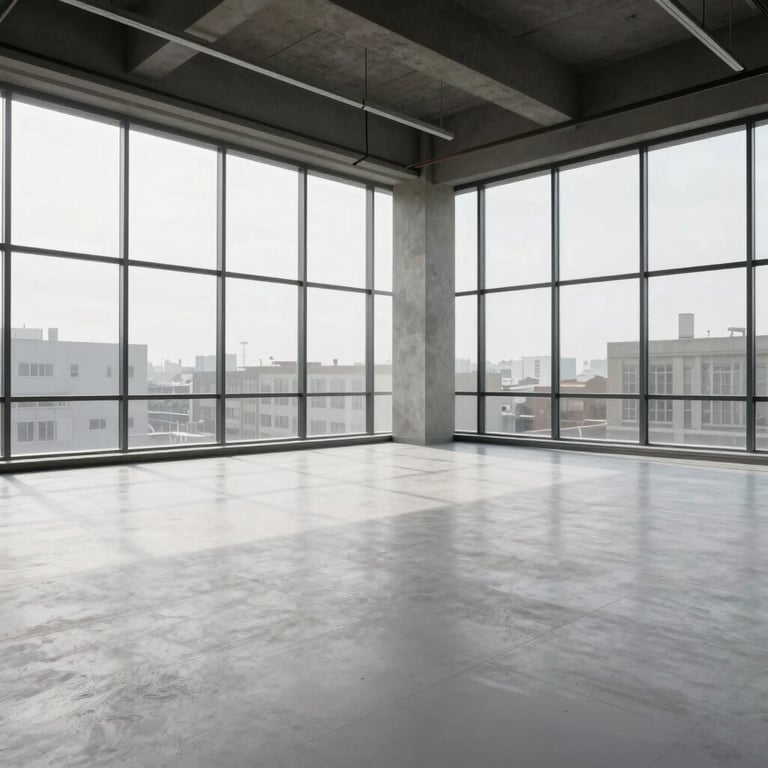 Wide shot of an empty, structured studio space with light grey flooring and large glass windows.