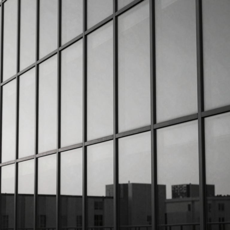 Close-up of a minimalist glass facade reflecting a quiet, modern urban horizon in monochrome tones.
