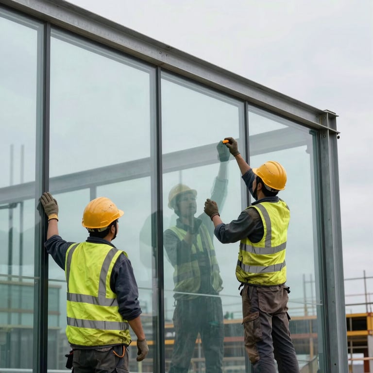 Construction workers in high-visibility gear installing large glass panes on a steel frame building.