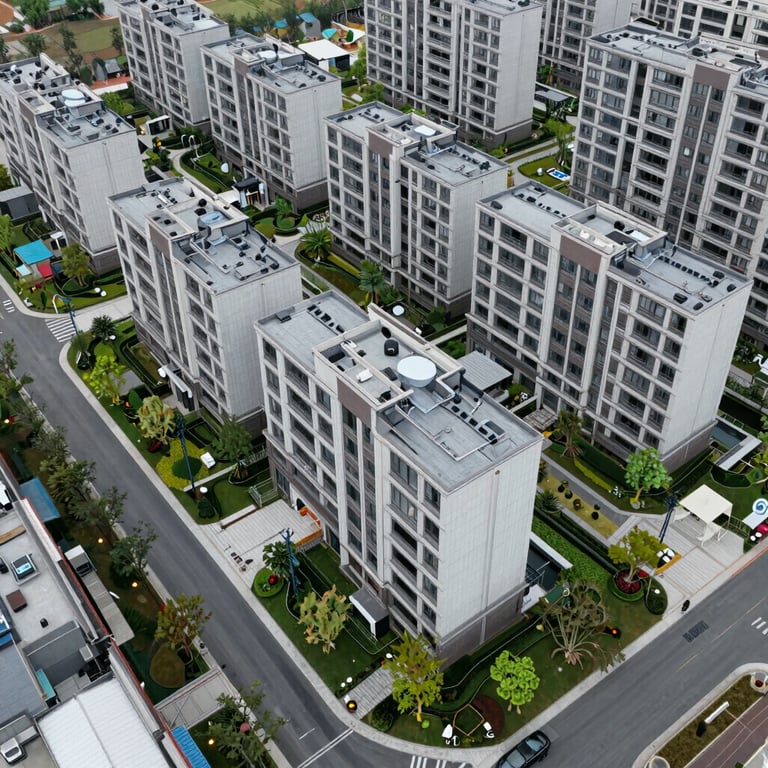 An aerial drone shot of a completed housing development with clean lines and landscaped gardens.