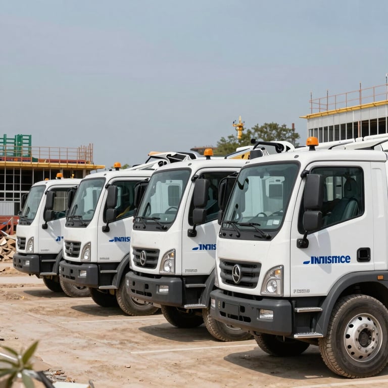 A fleet of clean, white construction vehicles with professional branding parked near a development site.