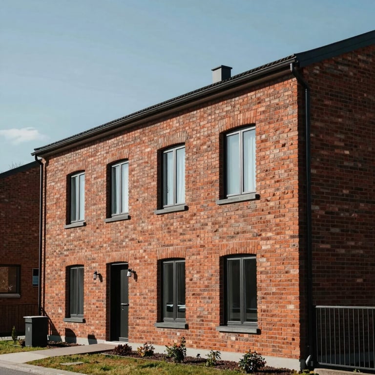 Exterior of a modern brick residential house in a Northern European suburb, high contrast, crisp daylight.