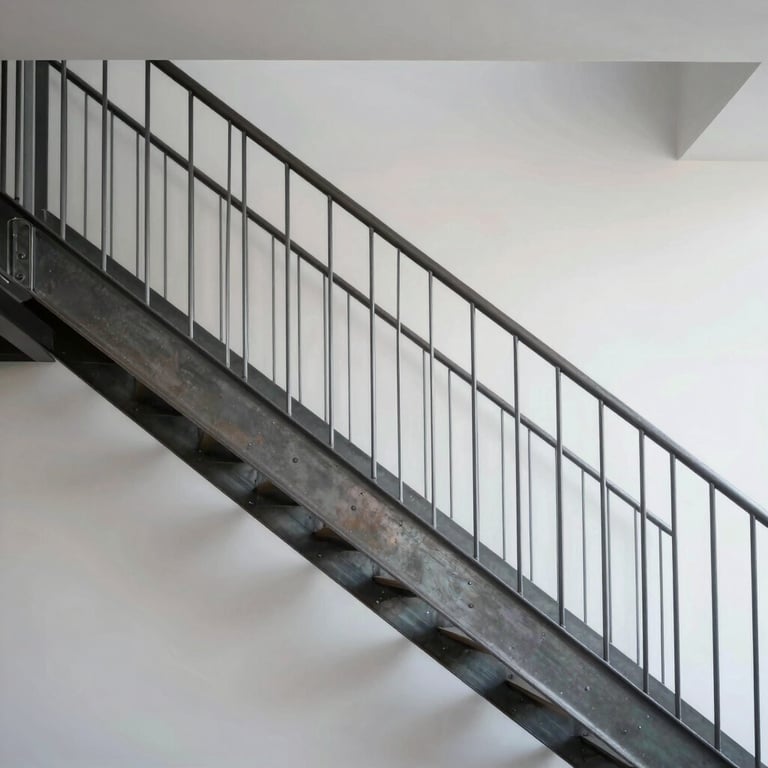 Architectural detail of a sleek metal staircase in a minimalist Northern European office building.