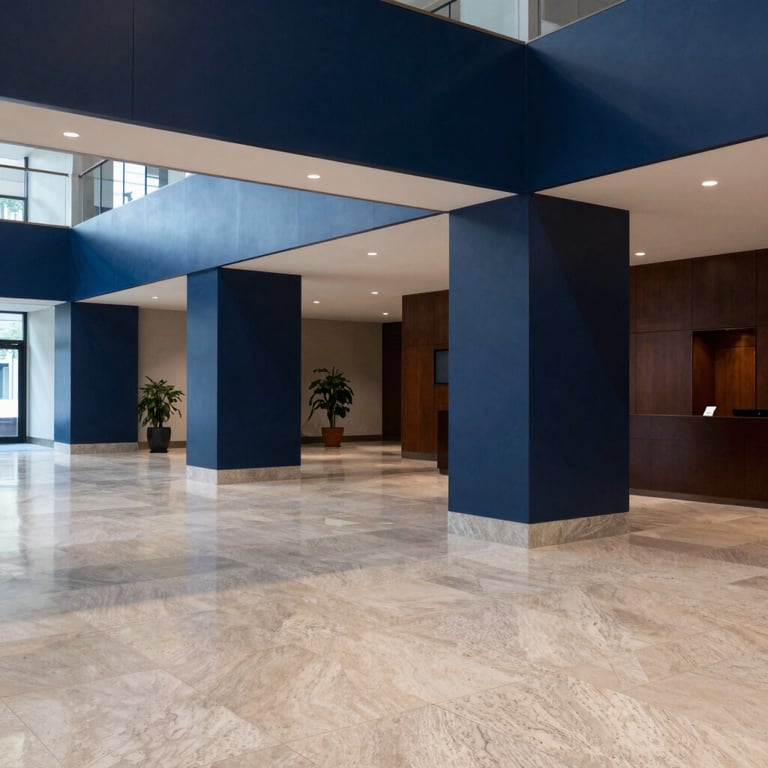 Interior of a corporate lobby with dark blue accents and polished stone floors, professional lighting.