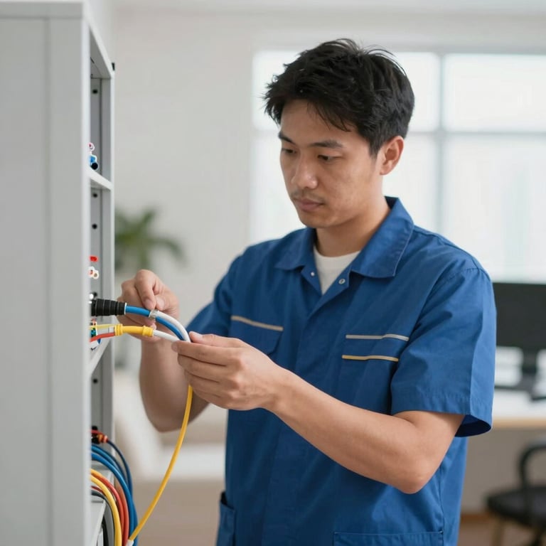 A technician in a professional uniform installing high-speed fiber optic cables in a bright home environment.