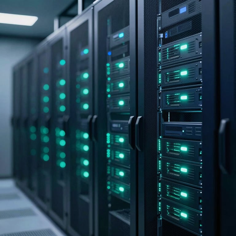 A high-tech server room with glowing lights in teal #2D545E and navy #0A192F, representing modern infrastructure and reliability.