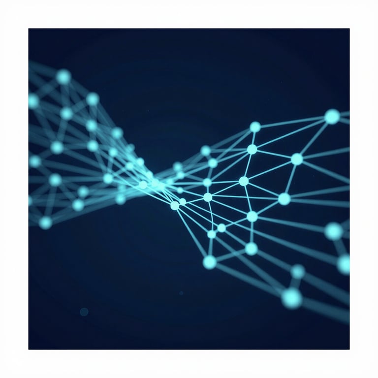 An abstract digital graphic of fast data transmission using network nodes in #ADC8CD and #F0F5F5 on a dark navy background.