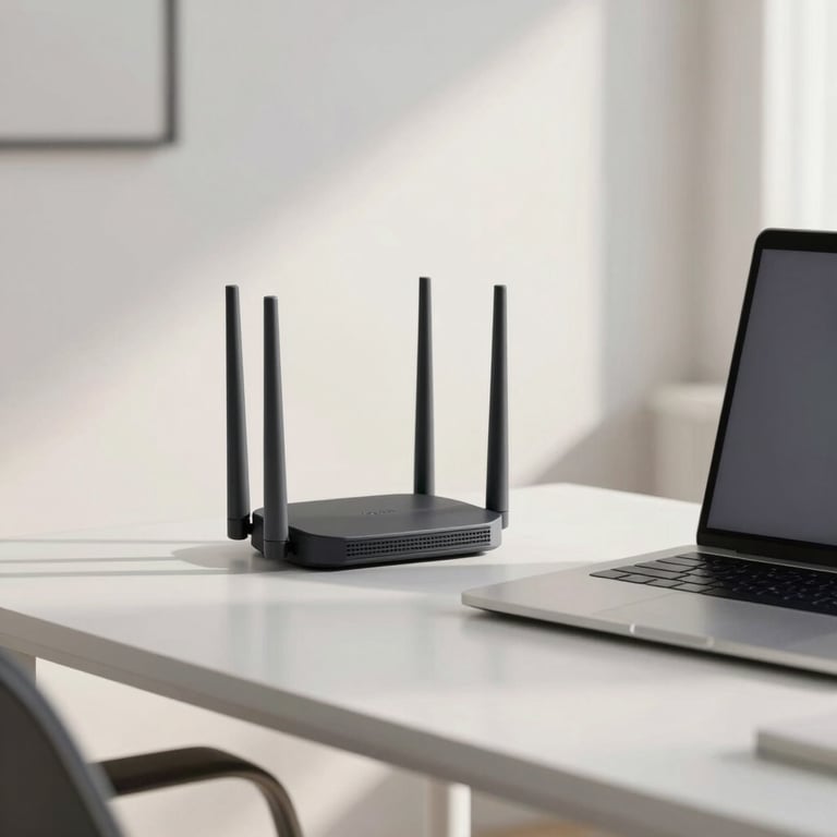 A minimalist home office setup with a high-speed router and a laptop, lit by soft natural morning light.