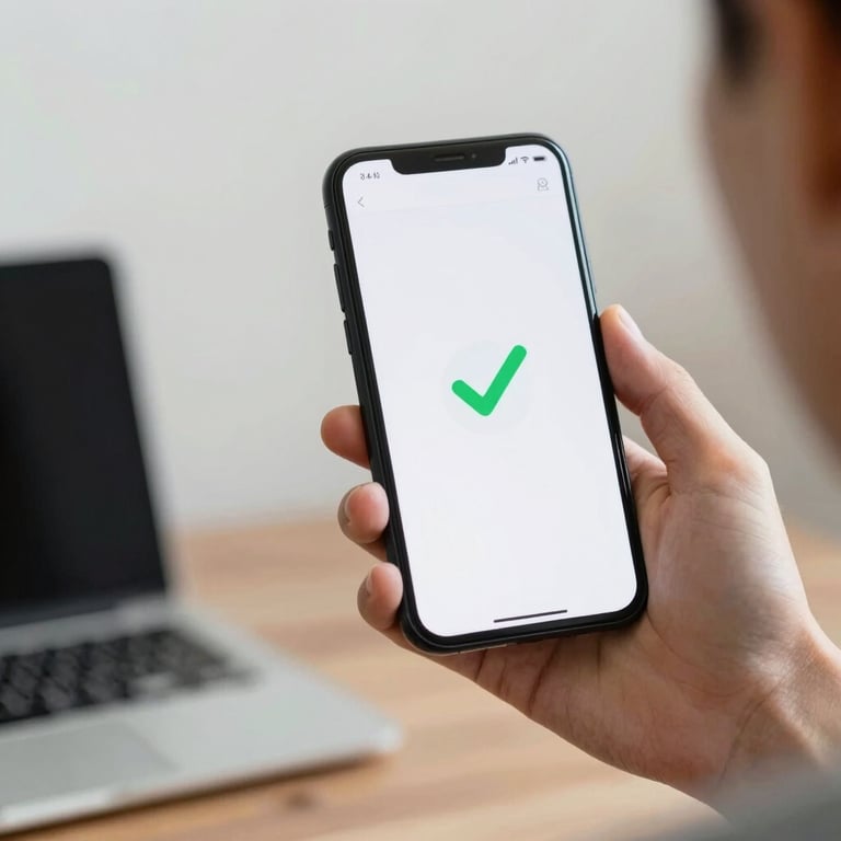A person holding a smartphone showing a secure payment success screen with a checkmark, clean and professional lighting.