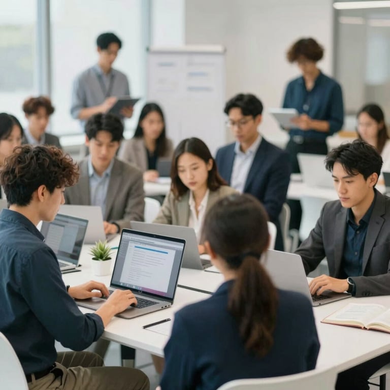 A diverse group of professionals working in a clean, bright collaborative space, representing the users of our efficient services.