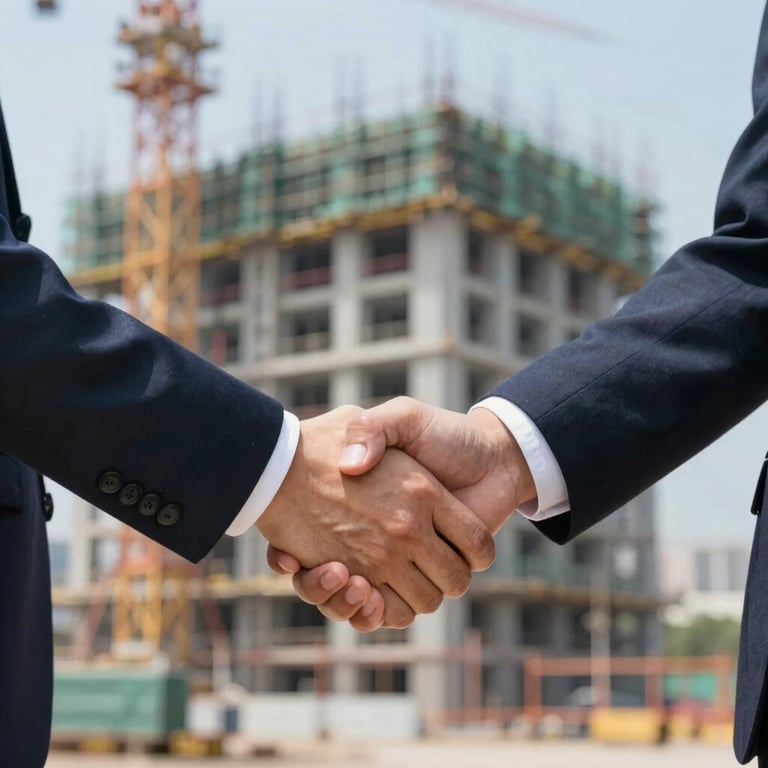 A firm handshake between two professionals in front of a construction site, emphasizing trust and partnership. Professional attire.