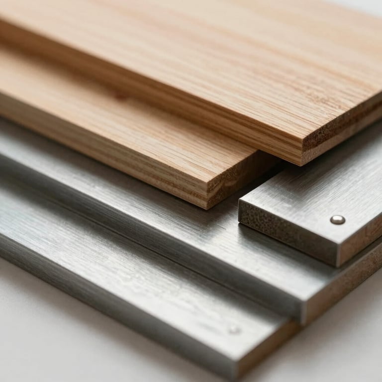 Close-up of high-quality sustainable building materials like cedar and steel, artistically arranged. Colors: #524B43, #A89F95.