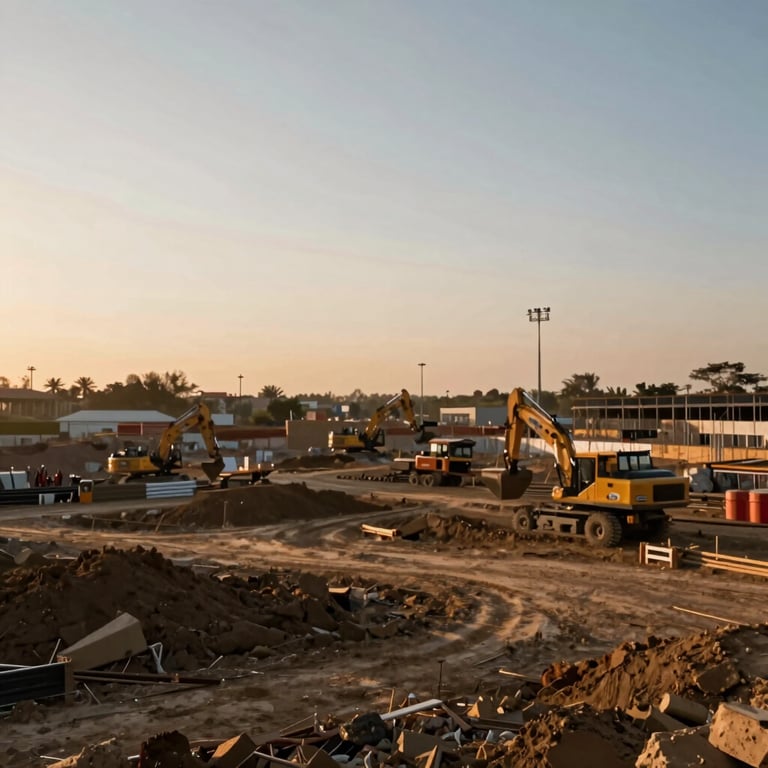 Landscape of a construction site during the golden hour, showing the start of a major development project. Earthy tones #524B43.