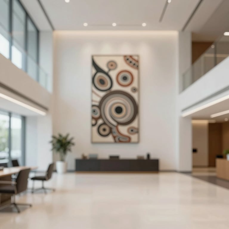 Interior of a modern corporate office lobby featuring a subtle Indigenous art piece and clean architectural lines. High-end and sleek.