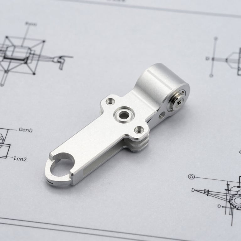 Overhead flat-lay of a heavy-duty aluminum drone bait release mechanism on a grey technical blueprint, sharp industrial product photography, bright studio lighting