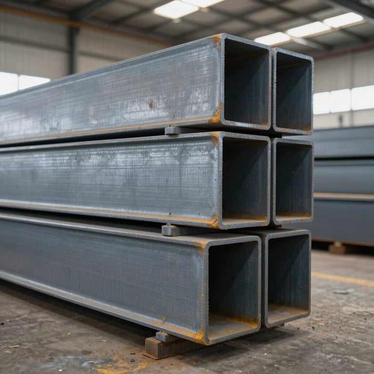 Neatly stacked industrial steel beams in a bright warehouse in Dammam, Saudi Arabia. Palette: Cool Steel.