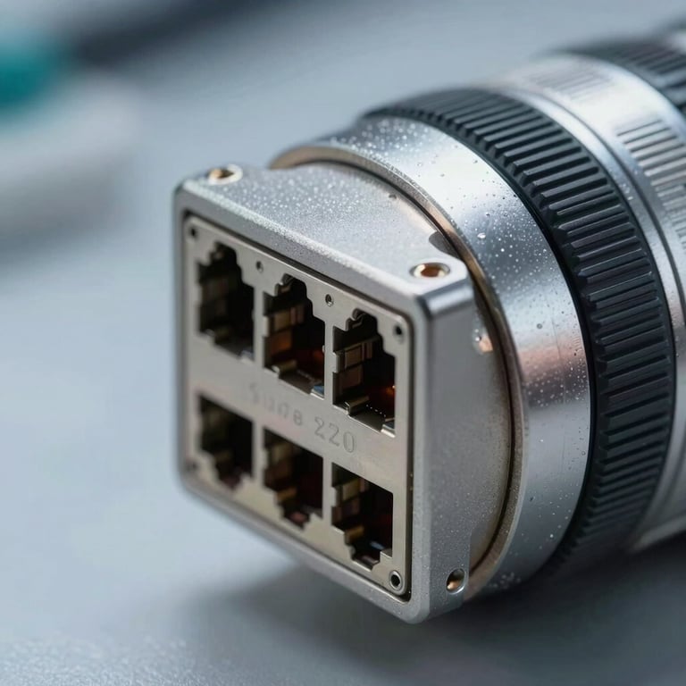 Detail shot of industrial network connection ports and hardware components in a clean setting. Palette: Cool Steel.