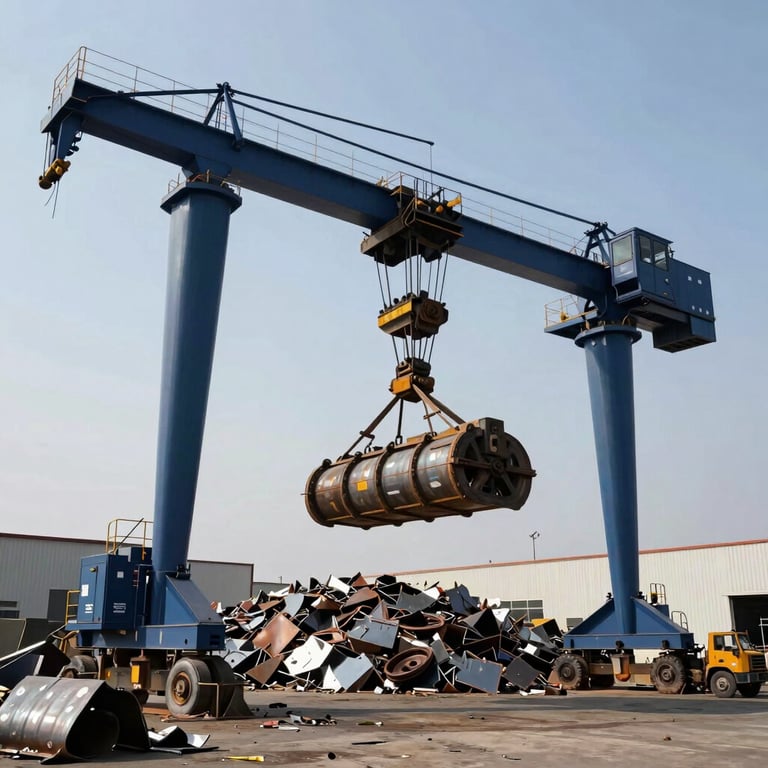 A heavy-duty industrial crane lifting metal scrap in a professional recycling yard in the Middle Eastern / Gulf region. Palette: Midnight Navy.