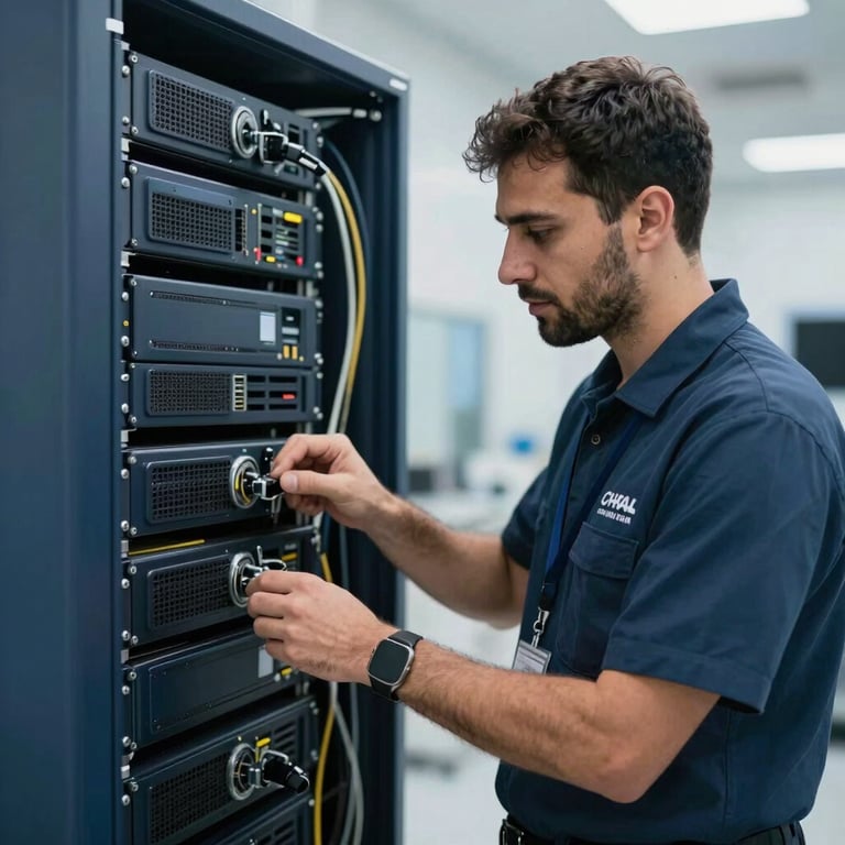 A professional technician in modern gear working on network infrastructure in a high-tech Middle Eastern / Gulf facility. Palette: Charcoal Blue.