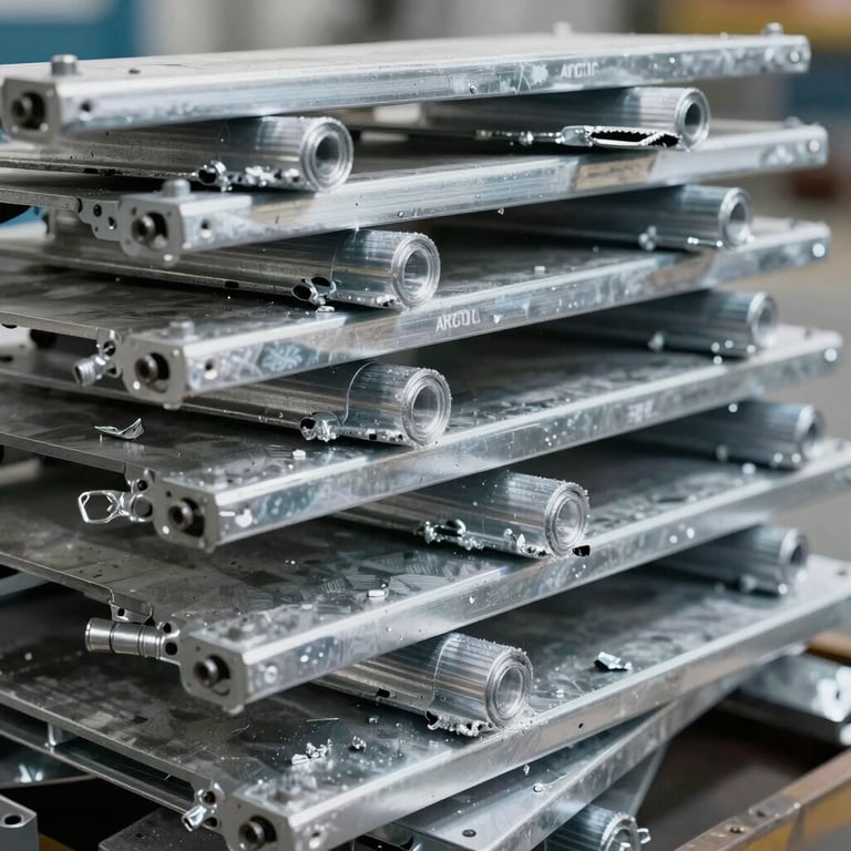 Close-up of sorted aluminum scrap ready for processing, highlighting efficiency and precision. Palette: Arctic Mist.