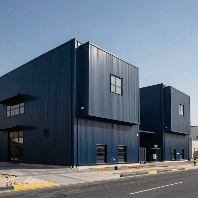 Exterior view of a modern industrial complex in Saudi Arabia under a clear blue sky. Palette: Midnight Navy and Charcoal Blue.
