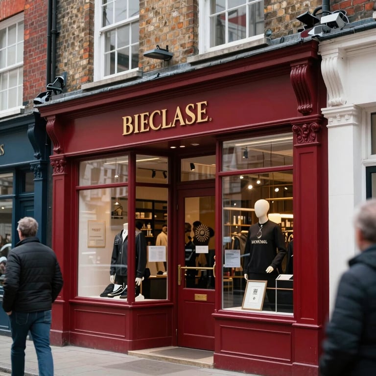 A bustling British / UK high street with a focus on a modern small business shopfront with deep crimson red branding.