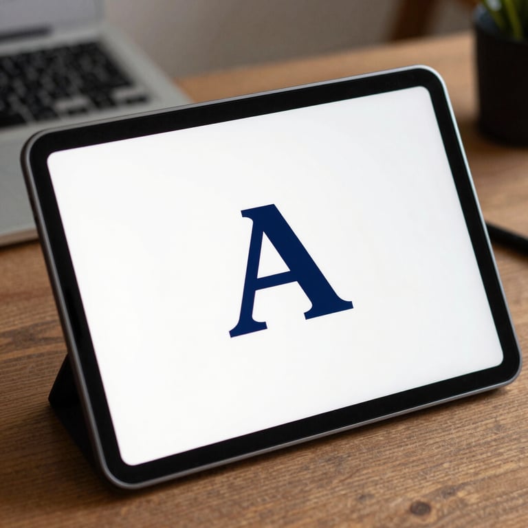 A clean, professional logo design displayed on a tablet screen in a British / UK creative studio setting.