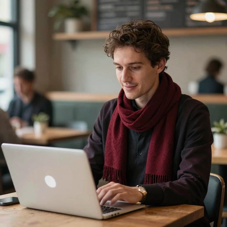 A professional consultant in a British / UK cafe setting having a video call on a laptop, with a deep crimson red scarf.