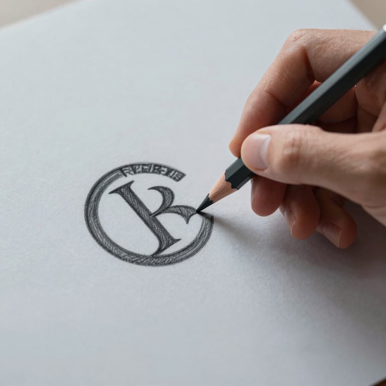A close-up of a designer's hand sketching a logo with a dark charcoal grey pencil on a soft pale grey background.