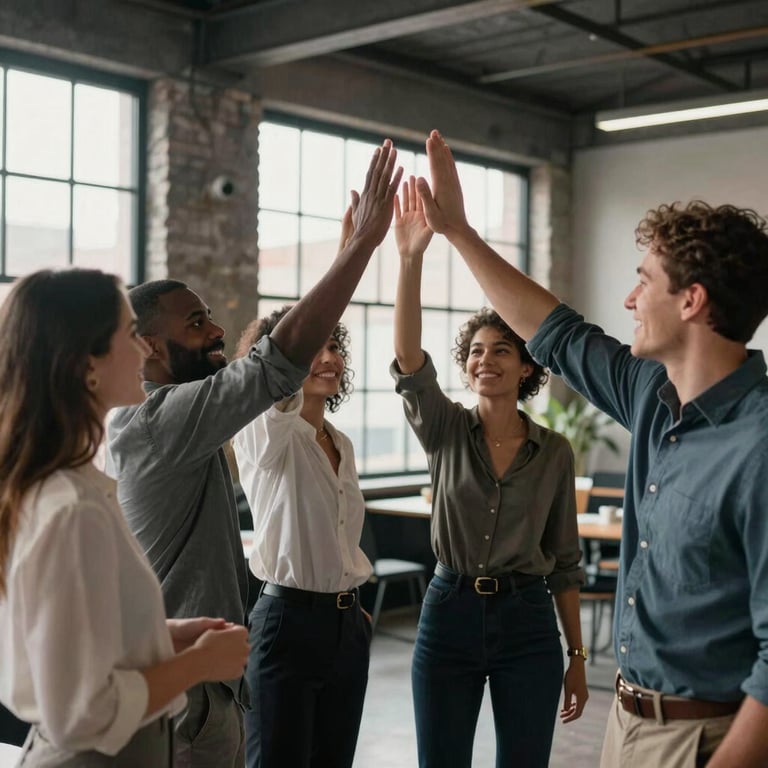 A diverse team of entrepreneurs high-fiving in a bright British / UK industrial-style loft with dark charcoal grey accents.