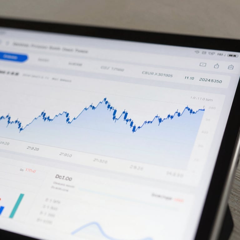 A close-up of a tablet displaying professional financial growth charts and analytical data in a clean, sophisticated layout.