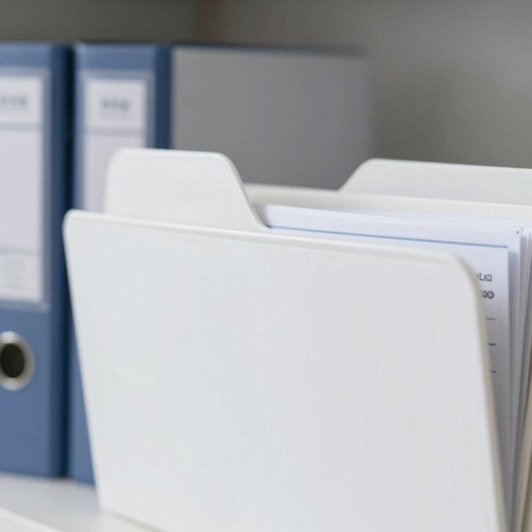 A series of clean, white archive folders labeled precisely, representing order and reliability in document management.
