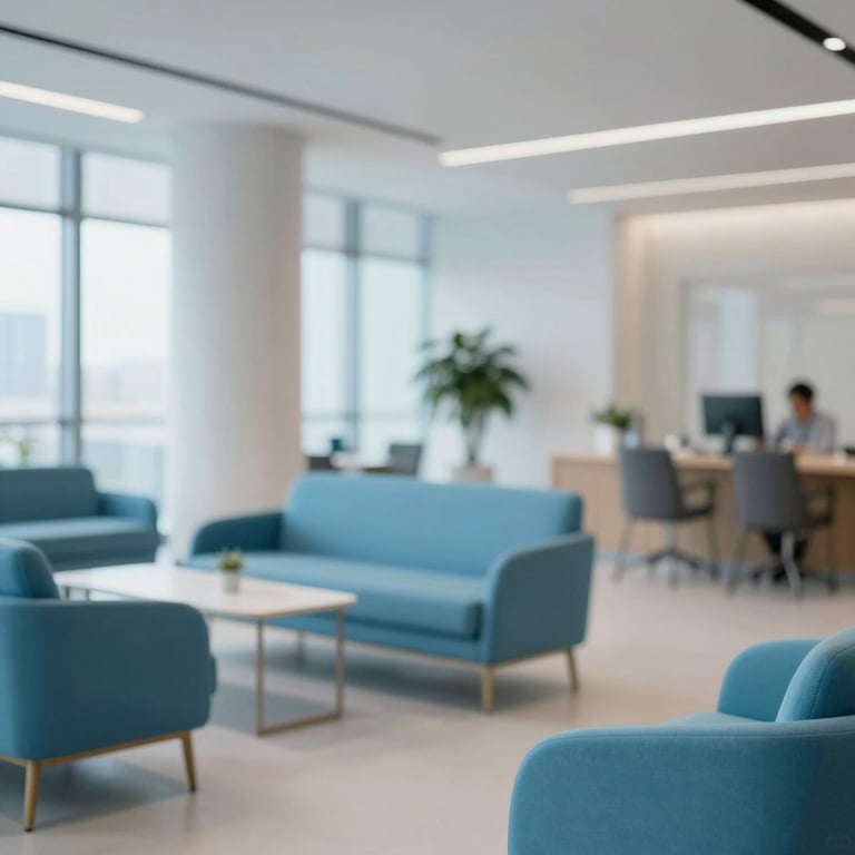 A bright and airy corporate lounge area with furniture in shades of #8DAACB, reflecting a forward-thinking and welcoming firm culture.