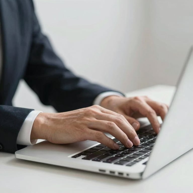 Professional accountant's hands typing on a laptop, with soft lighting and a minimalist aesthetic.