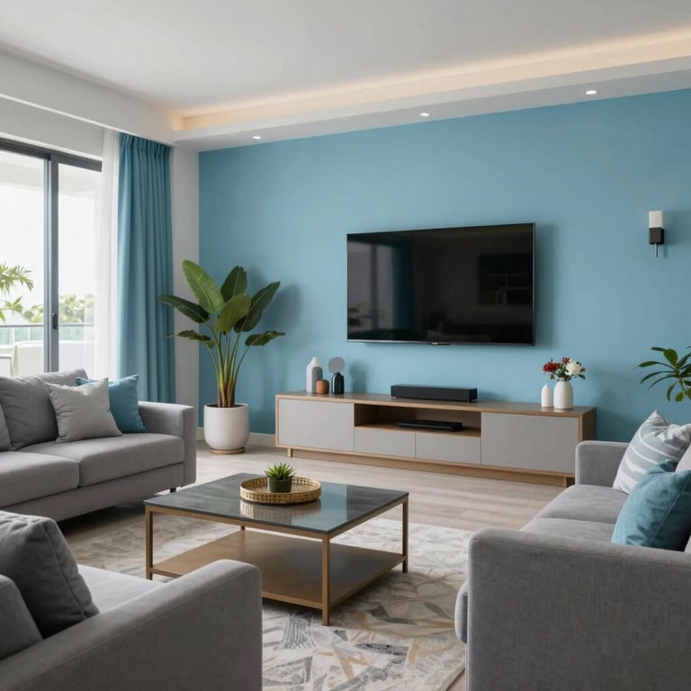Interior shot of a modern, comfortable living room in Florida, with Sky Blue accents, conveying a cool and airy atmosphere.