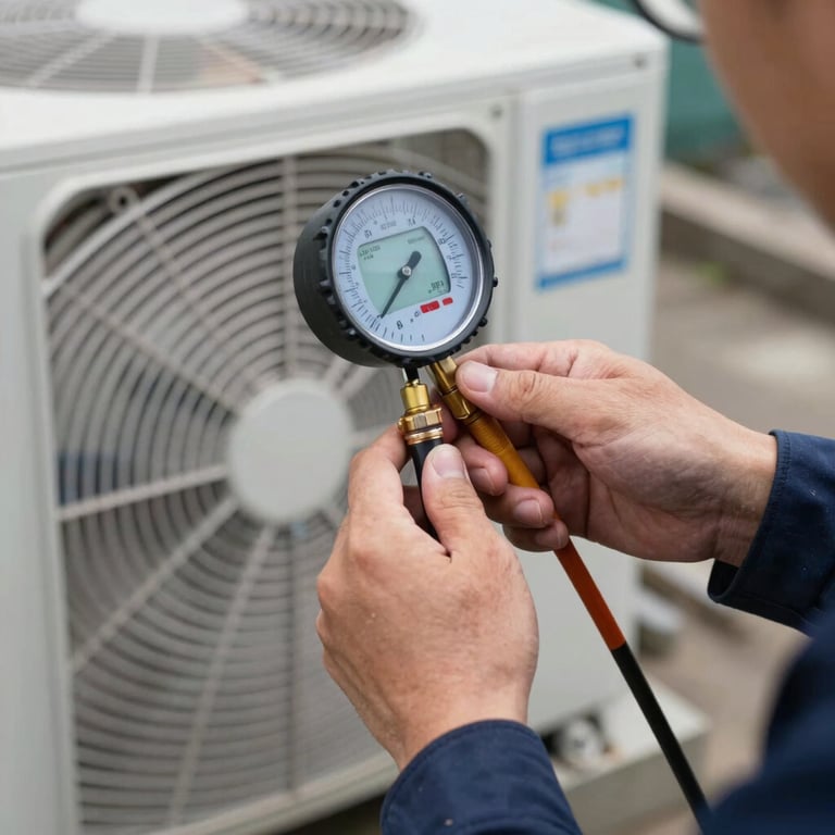 A close-up of a technician's hands using a digital gauge to check refrigerant levels on an HVAC system outdoors.