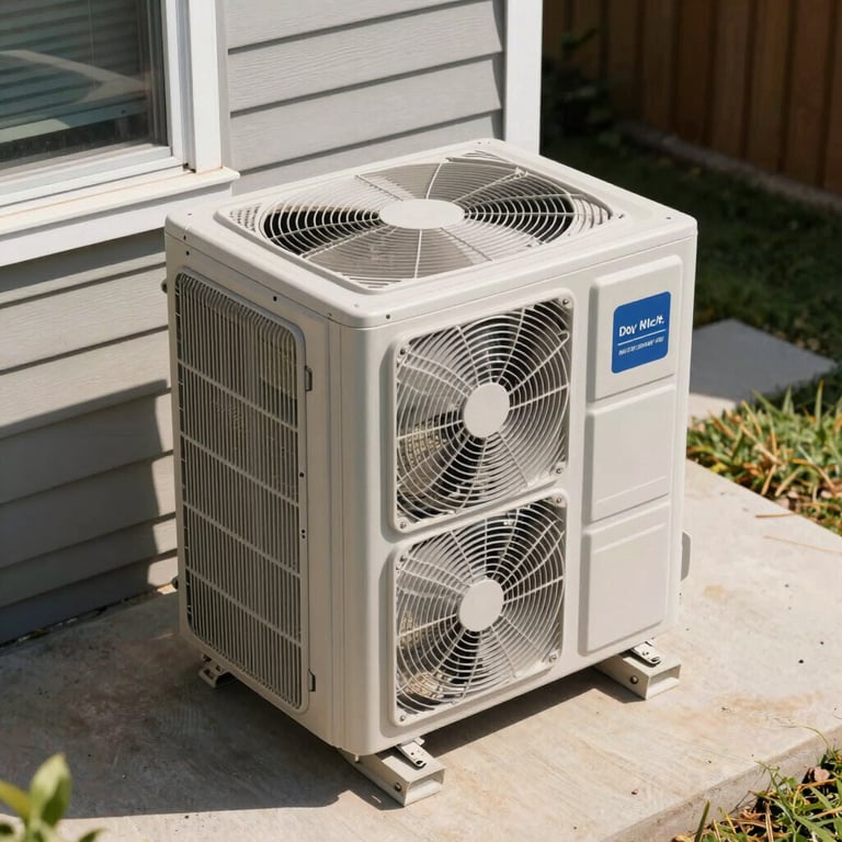 High-angle shot of a new central AC unit being installed in a North American backyard under bright sunlight.