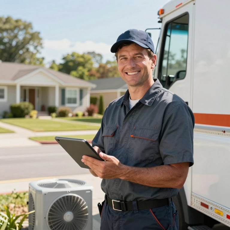 A professional HVAC technician smiling while holding a tablet near a service truck in a sunny North American suburban neighborhood.