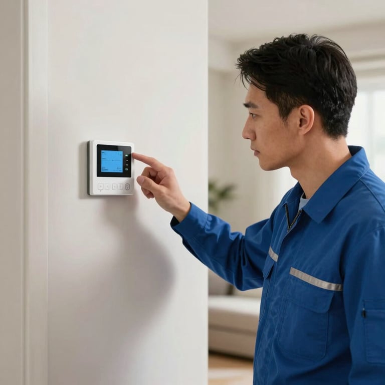 A North American technician in a clean, Steel Blue uniform inspecting a smart thermostat on an off-white wall in a modern home.