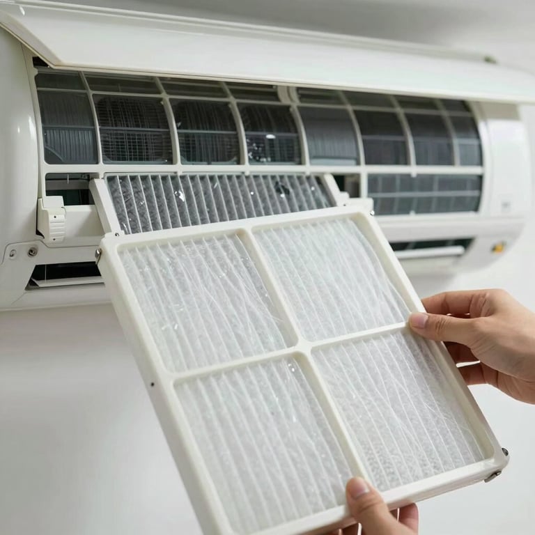 Close-up of clean air filters being replaced in a home AC unit, emphasizing high indoor air quality and maintenance.