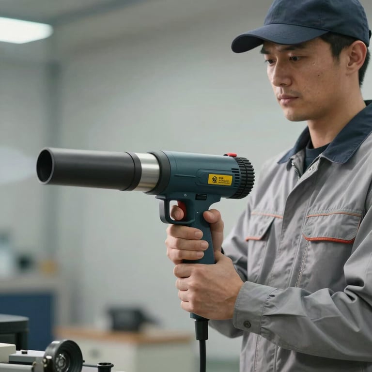 A technician in a mist grey uniform holding a professional grade insulation blowing nozzle, background slightly blurred.